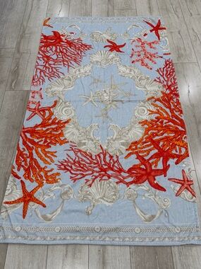 Versace Barocco Light Blue Bath Towel with Red Orange Coral Shell Motif